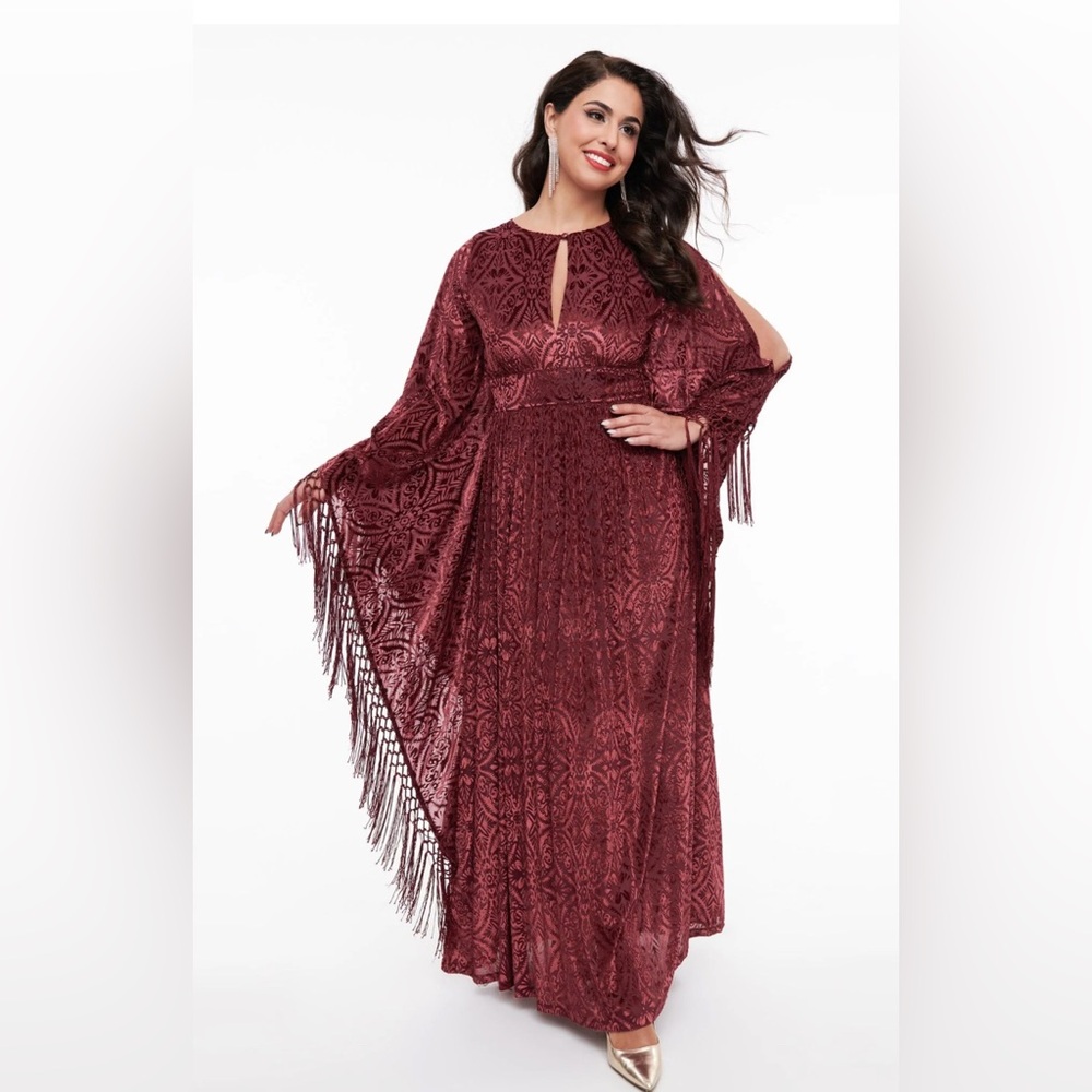 Unique Vintage Burgundy Fringe Flitter Sleeve Burnout Caftan 2X NWT